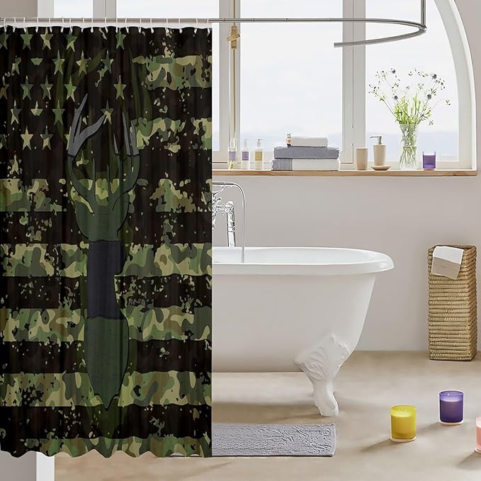 Feelyou Deer Bath Curtain Cute Deer Shower Curtain American Flag Bathroom Shower Curtain Set for Kids Toddler Boys Girls Deer Hunting Kids Bathroom Accessories 72"x78"