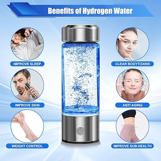 Hydrogen Water Bottle Portable, Hydrogen Water Bottle Generator USB Rechargeable, Hydrogen Water Ionizer Machine Health Cup for Home Travel (Silver)