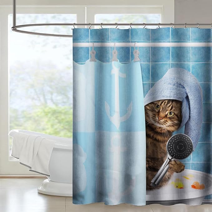 AILONEN Funny Cat Shower Curtain for Kids 48" W*72" H Inch,Cute Kitten Taking Shower Bathroom Curtain,12 Pack Hooks Polyester Waterproof Fabric Decor for Bathroom,Blue