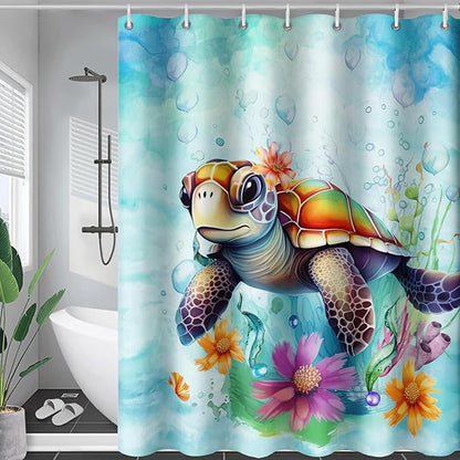 AILONEN Cute Sea Turtle Shower Curtain,Boys Kids Ocean Turtle Bath Curtain with 12 Plastic Hooks,Watercolor Sea Turtle Decorative Waterproof Curtain 72" W*72" H