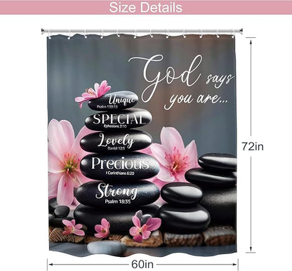 MESHELLY Zen Black Pink Shower Curtain 60Wx72H Scripture Flower Spa Relaxing Meditation Massage Bathroom Curtain Quotes Stone Bible Verse Bath Curtain Fabric Bathroom Accessories Decor with 12 Hooks