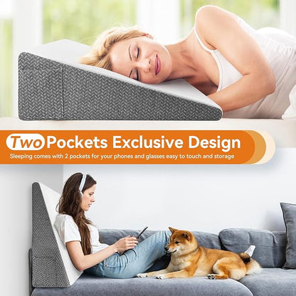 Wedge Pillow for Sleeping, 8 inch Bed Wedge Pillow, Elevated Body Pillow for Back Support, Acid Reflux, Leg, Neck Pain, Snoring, Triangle Pillow Wedge -Removable Cover, White/Grey