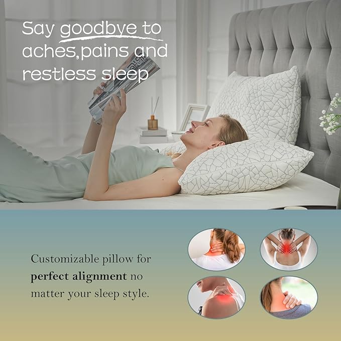 Shredded Memory Foam Pillow for Sleeping, Cooling Bed Pillows King Size, Adjustable Soft and Firm Pillows or Side, Back, Stomach Sleepers with Washable Removable Bed Pillow Cover