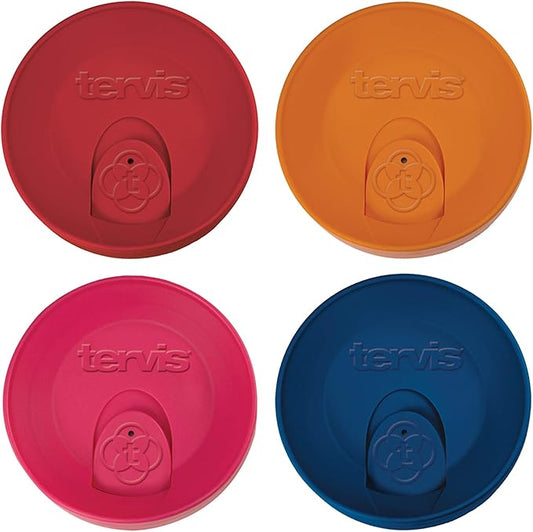 Tervis Travel Lid Made in USA Double Walled Insulated Tumbler Travel Cup Keeps Drinks Cold & Hot, Fits 16oz Tumblers - 4pk, Assorted Red Orange Fuchsia Navy