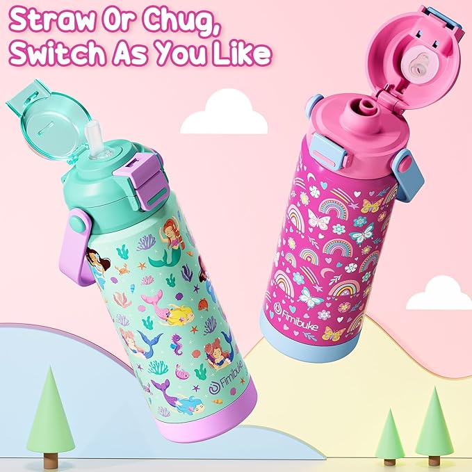 Fimibuke Kids Insulated Water Bottle with Pop-Open Straw & Spout 2-in-1 Lid, 18oz Leak Proof 18/8 Stainless Steel Vacuum Tumbler, BPA-Free Kids Cup For Travel School Boys Girls Toddler 1Pack, Sky Blue