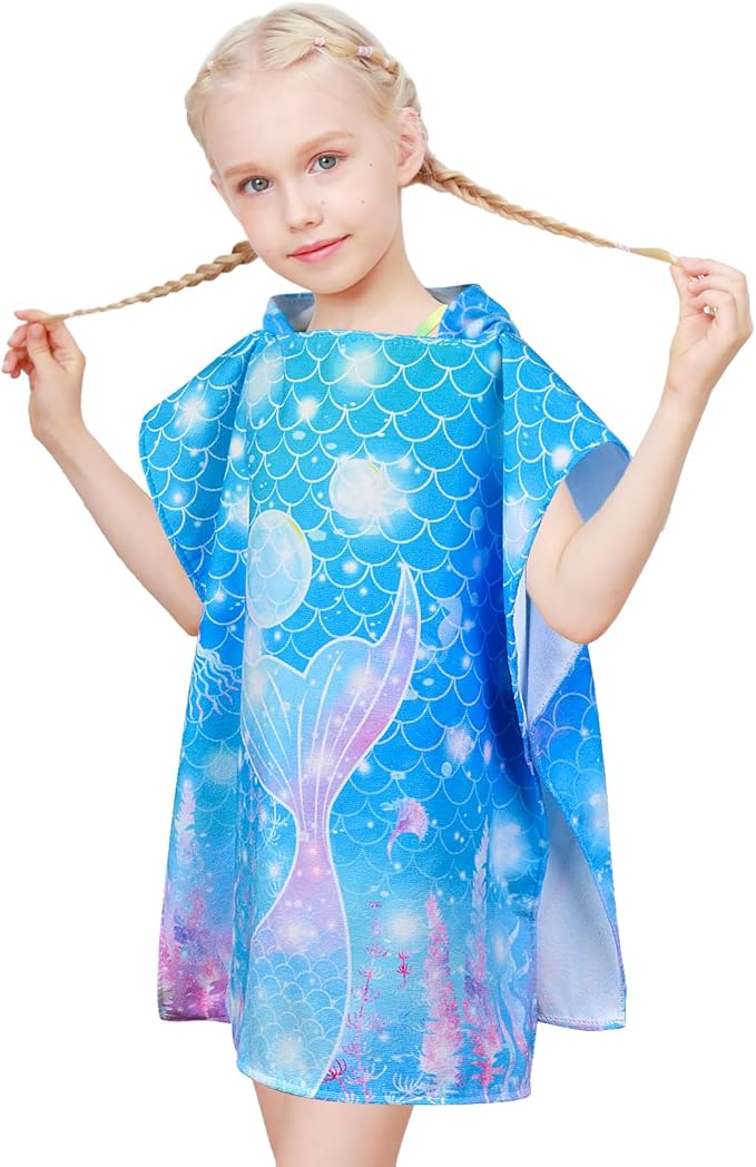 Kids Beach Towels for Girls, Unicorn Hooded Beach Pool Towels for Kids, Ultra Soft & Super Absorbent Kids Toddler Poncho Towels for 3-8 Years, 24"x24" (Blue Mermaid)