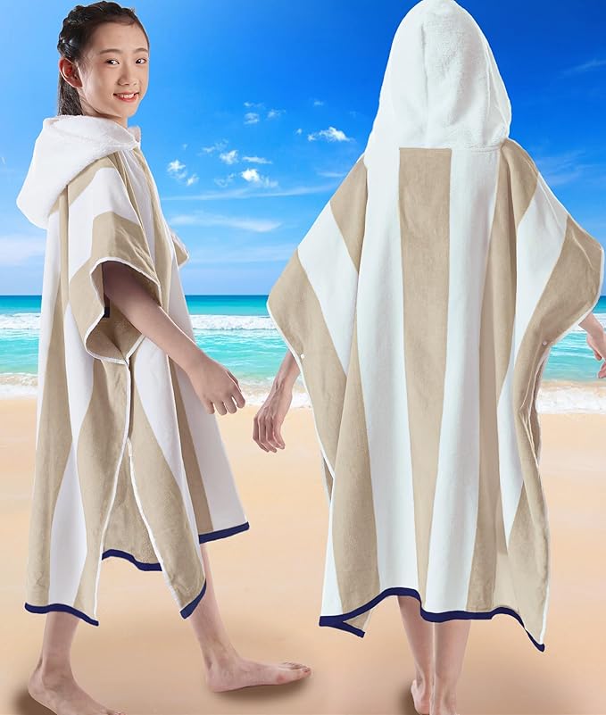 VOOVA & MOVAS Hooded Beach Towels for Boys| Girls | Teens (8-16Years), 100% Cotton Thick Poncho Towel Robe for Kids, Perfect for Pool, Beach, Bath and Gifts, Beige Stripe