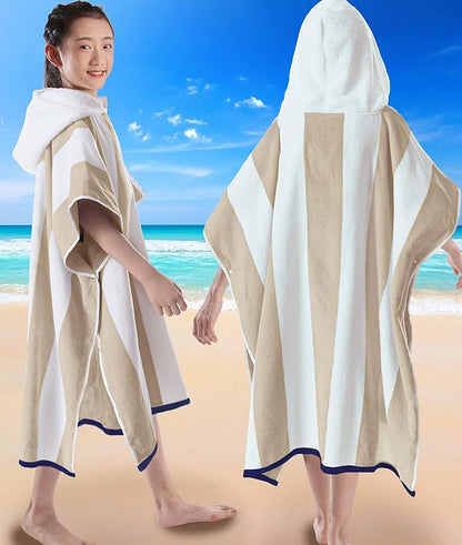 VOOVA & MOVAS Hooded Beach Towels for Boys| Girls | Teens (8-16Years), 100% Cotton Thick Poncho Towel Robe for Kids, Perfect for Pool, Beach, Bath and Gifts, Beige Stripe