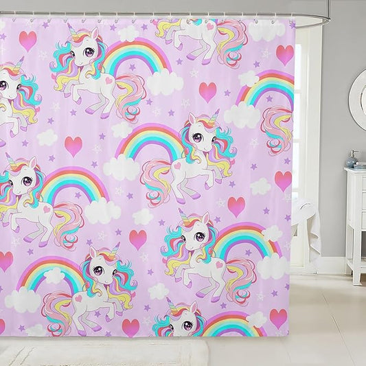 Feelyou Unicorn Shower Curtain Kids Toddler Boys Girls Cute Unicorn Bath Curtain Cartoon Unicorn Bathroom Shower Curtain Set Girl Unicorn Kids Bathroom Accessories 72"x84"