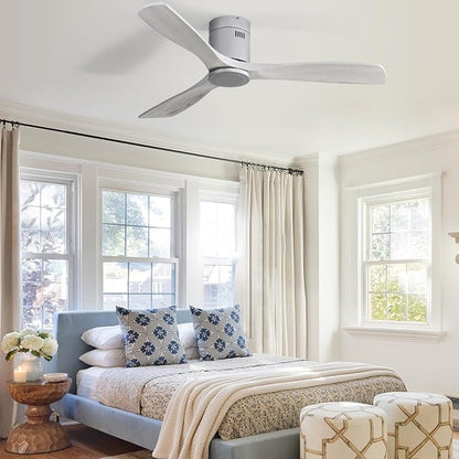 Sofucor 52" Flush Mount Ceiling Fan no Light and Remote Control, Outdoor Indoor Ceiling Fans without Light, Quiet Energy Saving with 6 Speeds, Timer, Silver