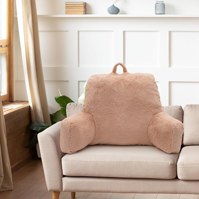 Reading Pillow Large Bed Pillow,Backrest with Arms, Back Support for Sitting Up in Bed, Couch for Lounging Bedrest,Camel