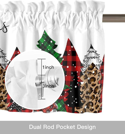 Merry Christmas Valance Curtains for Kitchen Windows Buffalo Plaid Xmas Tree Winter Forest Farmhouse Rod Pocket Window Treatment Toppers for Kitchen/Living Room/Bedroom/Bathroom, 54" X 18",Red Green