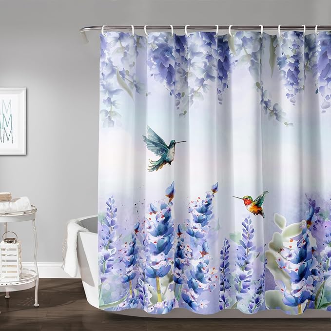 AILONEN Waterproof Floral Shower Curtain for Bathroom,Purple Blue Botanical Wisteria Lavender Flowers Shower Curtain,Watercolor Floral Decor Bathroom Polyester with Grommets and Hooks 72" W*78" H