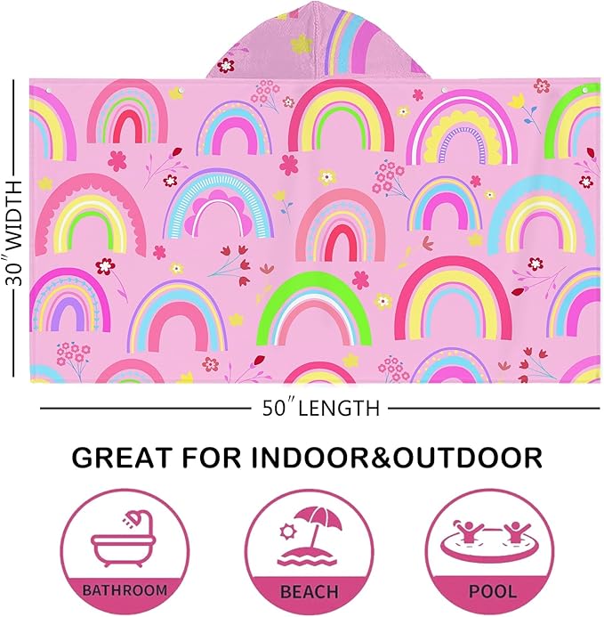 Rainbow Hooded Beach Towel for Kids Girls, Cute Unicorn Bath Towel with Hood, Pink Magic Rainbow Microfiber Super Absorbent Soft Poncho Bathrobe for Swin Pool 30”x50”