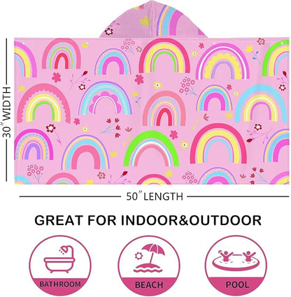 Rainbow Hooded Beach Towel for Kids Girls, Cute Unicorn Bath Towel with Hood, Pink Magic Rainbow Microfiber Super Absorbent Soft Poncho Bathrobe for Swin Pool 30”x50”