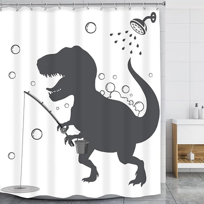 LGhtyro Dinosaur Funny Dino Kids Shower Curtain Bathroom Set 60Wx71H Inches Boys Animal Shadow Cartoon Silhouette Bath Accessories Black White Art Art Home Decor Fabric 12 Pack Hooks