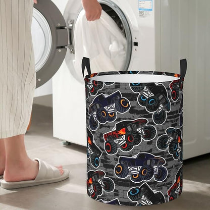 Monster Truck Boys Style Round Laundry Hamper Storage Basket Toys Clothes Organizer Bin For Home Bathroom Bedroom Dorm Nursery, 38l
