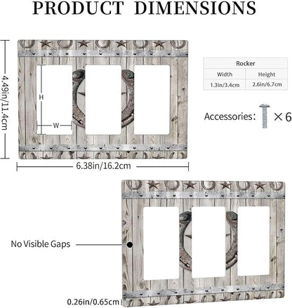 Rustic Western Wood Barn Door Horseshoe Iron Star 3 Gang Rocker Light Switch Covers Triple Outlet Wall Plate Decorative Switchplate Cover Faceplate GFCI for Farmhouse Country Bedroom Decor