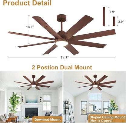 Depuley 72" Modern Ceiling Fan with Light and Remote, LED Dimmable Ceiling Fans with 3-Color Temperatures, Outdoor Ceiling Fan with APP Control for Kitchen Living Room Patio Farmhouse, Brown