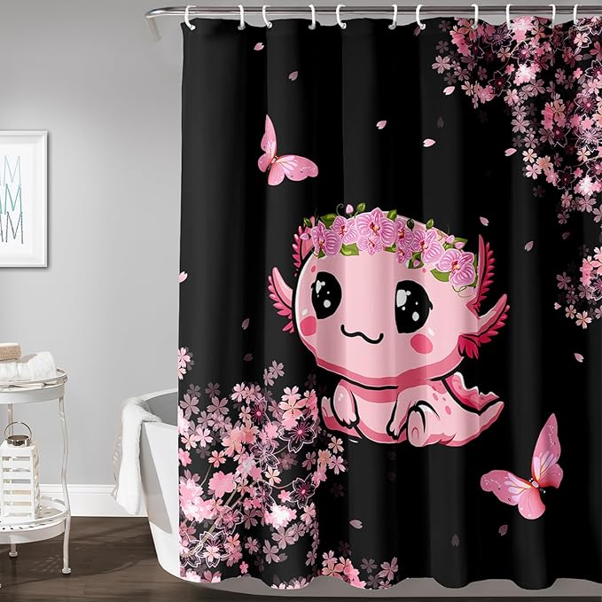 AILONEN Cute Cartoon Axolotl Kawaii Shower Curtain,Pink Cherry Blossom Floral Bath Curtain,Animal Axolotl Butterfly Waterproof Black Curtain for Bathroom, 36" W x 72" H