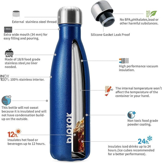 BJPKPK Insulated Water Bottles 17oz, Leak Proof Stainless Steel Water Bottle Keeps Cold for 24H and Hot for 12H, BPA Free Water Bottle,Blue
