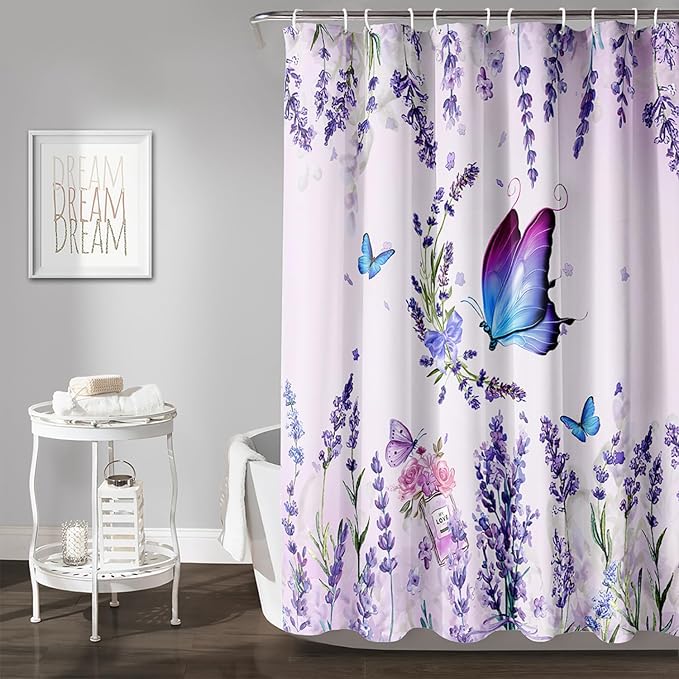 AILONEN Girls Butterfly Shower Curtain for Bathroom, Blooming Lavender Flower Purple Bath Curtain 48" W*72" H Polyester Fabric Waterproof Bathroom Curtain with 12 Hooks
