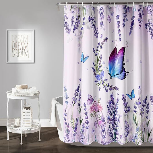 AILONEN Girls Butterfly Shower Curtain for Bathroom, Blooming Lavender Flower Purple Bath Curtain 48" W*72" H Polyester Fabric Waterproof Bathroom Curtain with 12 Hooks