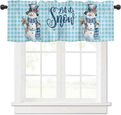Snowman Christmas Valance Curtains for Kitchen Windows Let It Snow Winter Holiday Rod Pocket Window Treatment Toppers for Kitchen/Living Room/Bedroom/Bathroom, 60" X 18", Blue White Buffalo Plaid
