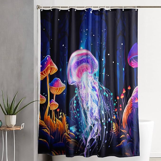 AILONEN Beautiful Jellyfish Shower Curtain,Magic Mushroom Waterproof Fabric Bath Curtain for Kids Girls,Boho Style Mysterious Planet Shower Curtain Set for Bathroom, 48" W*72" H