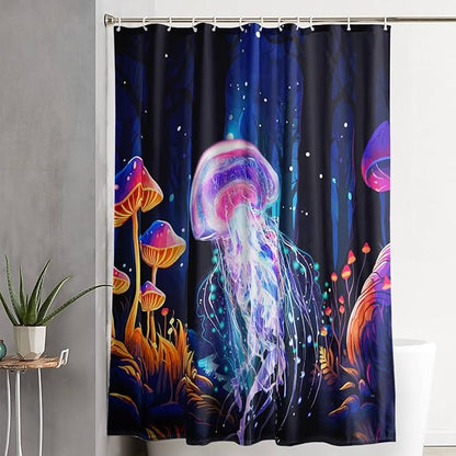 AILONEN Beautiful Jellyfish Shower Curtain,Magic Mushroom Waterproof Fabric Bath Curtain for Kids Girls,Boho Style Mysterious Planet Shower Curtain Set for Bathroom, 48" W*72" H