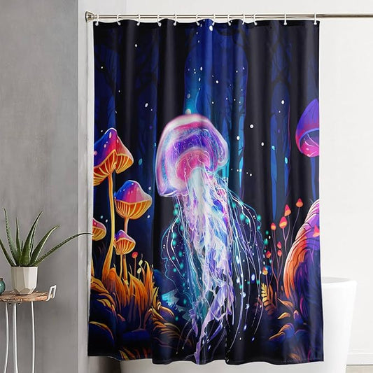 AILONEN Beautiful Jellyfish Shower Curtain,Magic Mushroom Waterproof Fabric Bath Curtain for Kids Girls,Boho Style Mysterious Planet Shower Curtain Set for Bathroom, 48" W*72" H