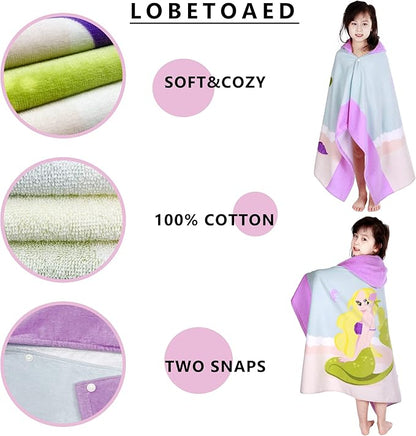 Kids Hooded Beach Bath Towel, Baby Surf Poncho Toddlers Soft Real Cotton Wrap Hooded Towels for Kids Boy Girl