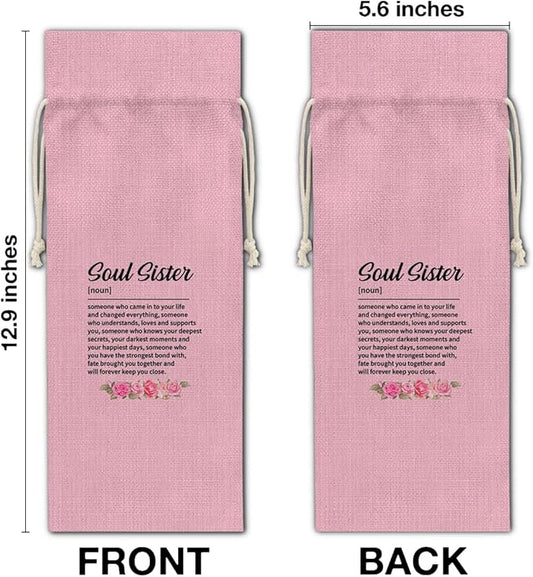 HOIJAUMAI Soul Sister Gift Friendship Gift Soul Sister Definition Wine Bag Soul Sister Wine Gift Bags for Women Best Friends Bestie BFF (Pink)