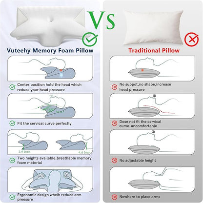 Cervical Neck Pillow for Pain Relief, Adjustable Ergonomic Memory Foam Pillow for Neck and Shoulder Pain, Orthopedic Contour Support Pillows for Side Back & Stomach Sleepers, White-1