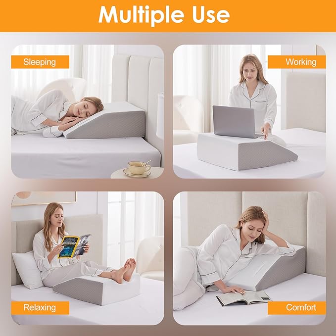 Leg Elevation Pillows for Sleeping, Memory Foam Wedge Pillow for Legs, Knee Wedge Pillow for After Surgery, Swelling, Back Pain and Circulation, Non-Slip Base, Removable Cover (6 Inch, White)