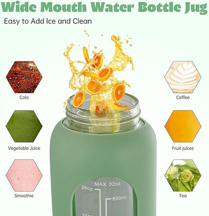 SIEROZUR 32 oz Glass Water Bottle with Straw and Handle Large Sports Motivational Water Bottle with Time Marker and 2 Lids, Leakproof Reusable Water Jug with Silicone Sleeve for Gym