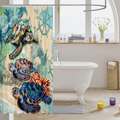 Feelyou Sea Turtle Shower Curtain Compass Fabric Shower Curtain for Kids Boys Girls Nautical Bathroom Waterproof Accessories with 12 Hooks Ocean Sea Adventure Curtains,72x84 Inches