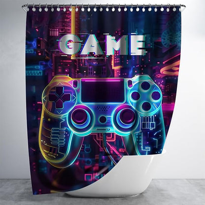 Video Game Shower Curtain Gaming Gamepad Controller Shower Curtains for Bathroom Decor Waterproof Polyester Fabric Gamer Bathroom Curtain with Hooks 55x72 Inch