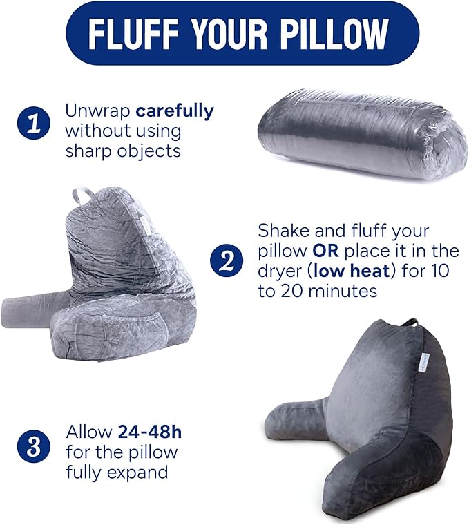 ComfortSpa Reading Pillow for Bed Adult Size, Back Rest Pillow with Arms, Pockets and Washable Cover; Use as a Back Pillow for Bed Sitting Up for Bedrest or Relief from GERD Heartburn (X-Large Grey)