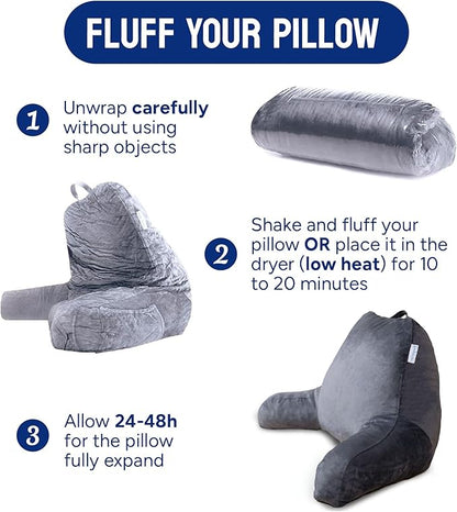 ComfortSpa Reading Pillow for Bed Adult Size, Back Rest Pillow with Arms, Pockets and Washable Cover; Use as a Back Pillow for Bed Sitting Up for Bedrest or Relief from GERD Heartburn (X-Large Grey)