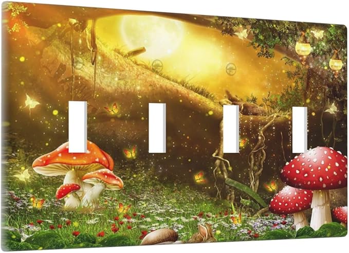 Red Mushroom Forest Fairy Moon Butterfly Quad Toggle Bohemian Light Switch Covers Decorative 4 Gang Wall Plate Electrical Faceplate Switchplate for Kidroom Nursery Bedroom Decor