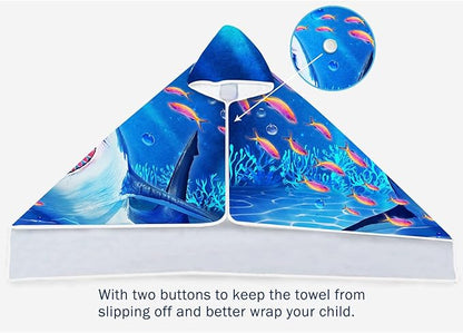Shark Beach Towel, Shark Towel for Kids with Hood, Ocean Fishes Hooded Towel for Boys 30" x 50", Funny Sea Animals Microfiber Absorbent Soft Bath Towel Poncho Bathrobe for Swin Pool