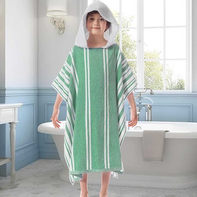VOOVA & MOVAS Hooded Beach Towels for Boys| Girls | Teens (8-16Years), 100% Cotton Thick Poncho Towel Robe for Big Kids, Perfect for Pool, Beach, Bath and Gifts, Green Cabana Stripe Design