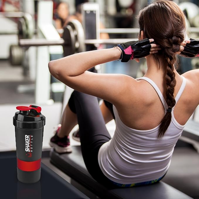 Protein Shaker Bottle,16 oz Shake Cup for protein powder with Storage,Sports Water Bottle,Non Slip 3 Layer Twist Off 3oz Cups with Pill Tray Leak Proof Shake Bottles for Protein Mixes