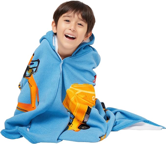 Hooded Towel for Toddlers 5-12 Years Boys Girls Kids Bath Pool Beach Towel Wrap Extra Large Soft Absorbent Beach Poncho(Construction site XL)