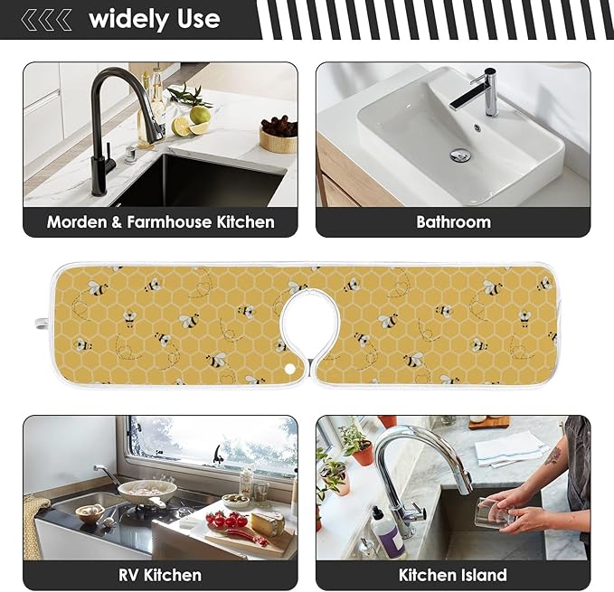 Kitchen Faucet Absorbent Mat,Bees Honey Honeycombs Water Splash Guard for Sink, Faucet Drip Catcher Thicken Sponge Microfiber Faucet Water Catcher Mat Sink Absorbent Mat for Kitchen 30x5in 2 Pack