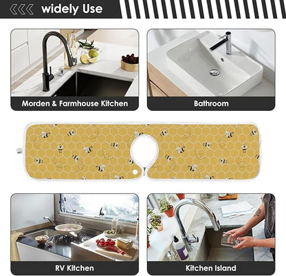 Kitchen Faucet Absorbent Mat,Bees Honey Honeycombs Water Splash Guard for Sink, Faucet Drip Catcher Thicken Sponge Microfiber Faucet Water Catcher Mat Sink Absorbent Mat for Kitchen 30x5in 2 Pack