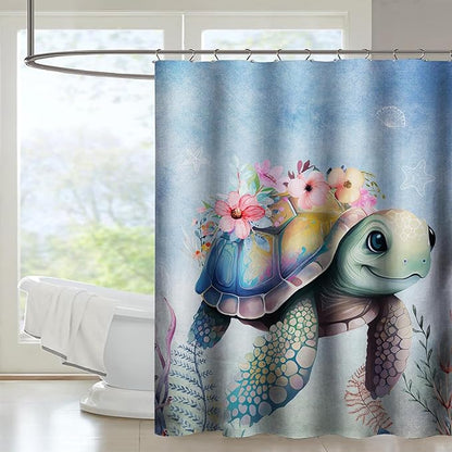 AILONEN Sea Turtle Shower Curtain,Kawaii Sea Turtle Bath Curtain Cloth Fabric Bathroom 48" W*72" H Inch,12 Pack Hooks for Kids,Ocean Animal Themed Bathroom Curtain