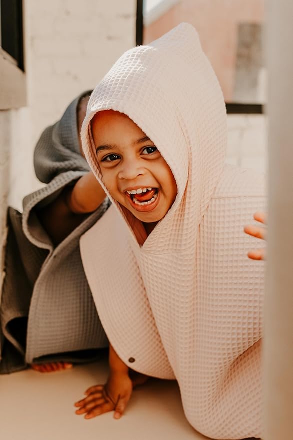 Hooded Towel for Kids | Snaps into a Poncho | Organic Cotton Waffle | Lightweight and Absorbent | Bath, Beach, and Pool | Multiple Colors | (Medium (3-6 Yrs), Cherry Blossom)