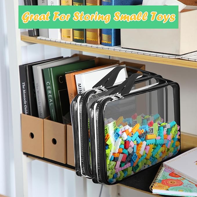 Sanwuta 3 Packs Toy Storage Bags with Zipper, Clear PVC Organizing Bags, Waterproof Toy Bags for Board Games, Building Blocks, Toys and Kids Books (Black,10.24 x 7.09 x 2.36 Inch)